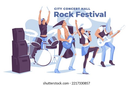 Rock band isolated on white background. Stage performance, music show and festival. Character design. Vector flat illustration.