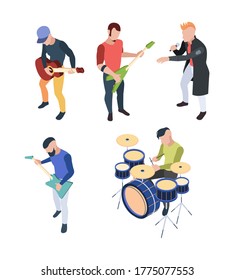 Rock band. Isometric musician people with instruments guitars drum and microphone vector rock concert characters