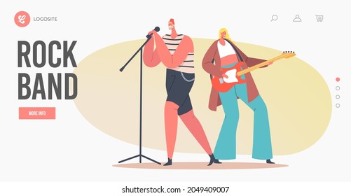 Rock Band Landing Page Template. Woman Guitar Player and Man Singer with Microphone Singing Song on Stage. Vocalist and Guitarist Characters Musical Entertaining. Cartoon People Vector Illustration