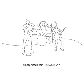 Rock band in line art drawing style. Composition of a group of musicians playing music. Black linear sketch isolated on white background. Vector illustration design.