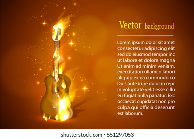 Rock band logo. Guitar in fire music vector sign.