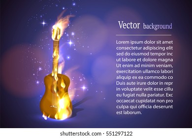 Rock band logo. Guitar in fire music vector sign.