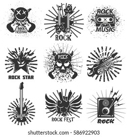 Rock Band Logo Templates. Symbols Of Electric Guitar And Drums, Skull With Devil Horns And Sound Speakers. Vector Grunge Icons And Symbols For Rocker Music Festival