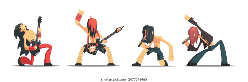 Rock Band Man Member Funny Character with Guitar Vector Set