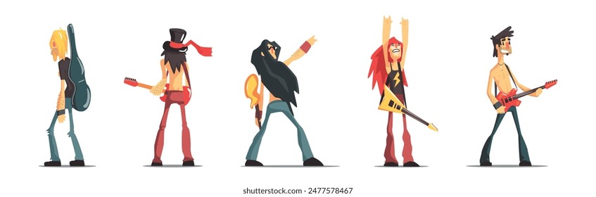 Rock Band Man Member Funny Character with Guitar Vector Set