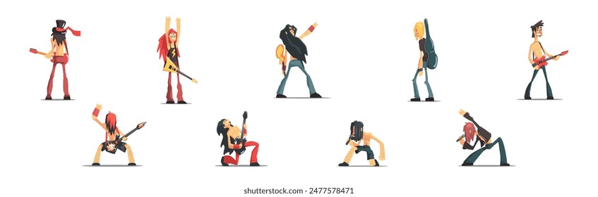 Rock Band Man Member Funny Character with Guitar Vector Set