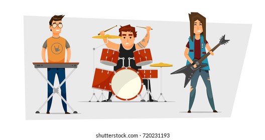 Rock band with man playing guitar, drummer, playing keyboard, isolated, vector illustration. 