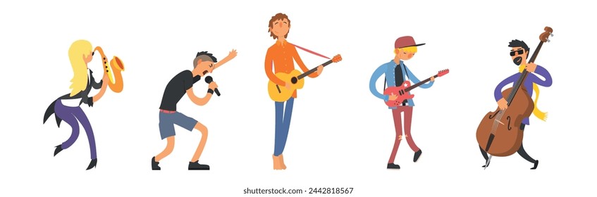 Rock Band Man and Woman Character with Musical Instrument Vector Set