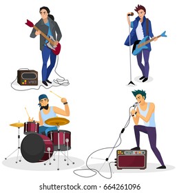 Rock band members isolated. Musical group singer, drummer, guitar player cartoon vector illustration.