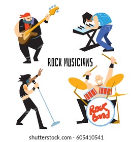 Rock band, music group with musicians concept of artistic people vector illustration. Singer, guitarist, drummer, and keyboardist isolated characters performing. Rock star concept in flat design.