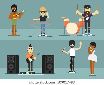 Rock band. music group rock band performing on stage. Singer and artist vector character in rocking outfit playing with musical Instrument. Music concert illustration. Rock star show performance
