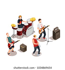 Rock band with musical instruments, concert equipment during performance isometric composition on white background vector illustration 