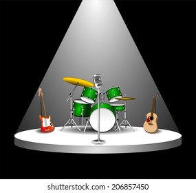 Rock Band musical Instruments with microphone on empty performance stage under the light of spotlight before the show. podium in the dark. vector art image illustration, isolated on black background