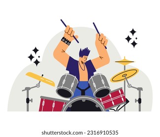 Rock band musician playing drums in concert, flat vector illustration isolated on white background. Drummer man performing on stage. Music festival concept.