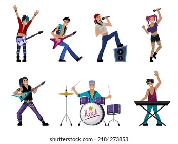 rock band. musicians with instruments on rock concert singers drummer vocalists guitarist. Vector cartoon people in action poses