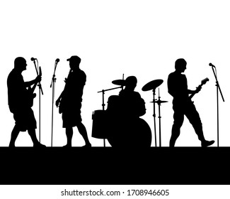 Rock band musicians on stage. Isolated silhouettes on a white background