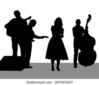 Rock band musicians on stage. Isolated silhouettes on a white background