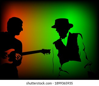 Rock band musicians on stage. Isolated silhouettes on a white background