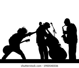 Rock band musicians on stage. Isolated silhouettes on a white background