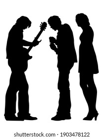Rock band musicians on stage. Isolated silhouettes on a white background