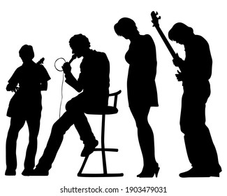 Rock band musicians on stage. Isolated silhouettes on a white background