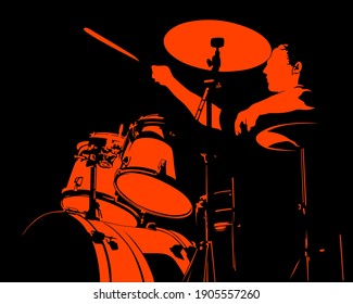 Rock band musicians on stage. Isolated silhouettes on black background