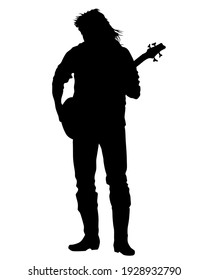 Rock band musicians on stage. Isolated silhouettes on a white background