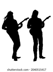 Rock band musicians on stage. Isolated silhouettes on a white background