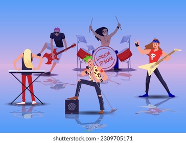 Rock band musicians perform their music, flat vector illustration. Rock stars concert on stage layout template with copy space for text for posters and banners.