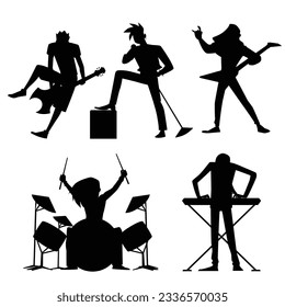 Rock band musicians and singers black silhouettes set, flat vector illustration isolated on white background. Rock stars perform on stage, bundle of black contour images.