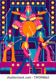 Rock band on stage. Rock concert, festival, rock party or Xmas party invitation card. Handmade drawing vector illustration. Vintage style. Flat design.
