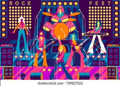 Rock band on stage. Rock concert, festival, rock party or Xmas party invitation card. Handmade drawing vector illustration. Vintage style. Flat design.