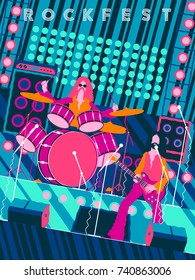 Rock band on stage. Rock concert, festival, rock party or Xmas party invitation card. Handmade drawing vector illustration. Vintage style. Flat design.