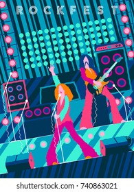 Rock band on stage. Rock concert, festival, rock party or Xmas party invitation card. Handmade drawing vector illustration. Flat design.