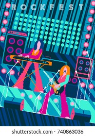 Rock band on stage. Rock concert, festival, rock party or Xmas party invitation card. Handmade drawing vector illustration. Vintage style. Pop art.