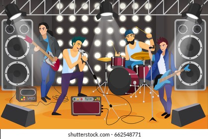 Rock Band On The Stage. Musical Group Cartoon Vector Illustration.