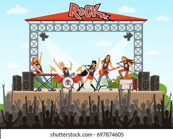 Rock band on stage. People on concert. Music performance. Vector illustration in cartoon style