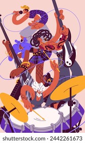 Rock band on vertical poster. Musicians play music instruments: drum, electric guitar. Singer sings song with microphone, guitarists perform. Performers, artists in concert. Flat vector illustration