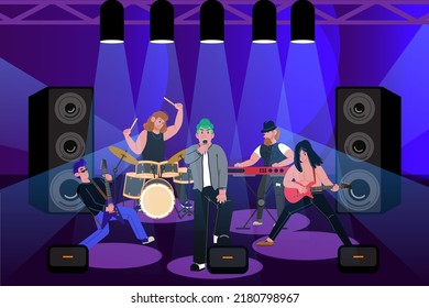 Rock band perform on the stage has singer guitar bass drums synthesizer monitor speaker