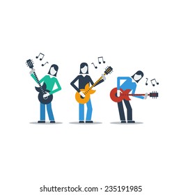 Rock band performance. Acoustic music night show. Music band playing live concert, three guitarists, audition, vector flat illustration