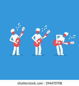 Rock band performance. Acoustic music night show. Music band playing live concert, three guitarists, audition, vector flat illustration