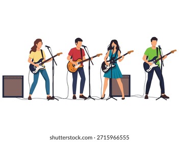 Actuación de la banda de Rock con cuatro miembros tocando guitarras eléctricas y cantando en micrófonos con amplificadores