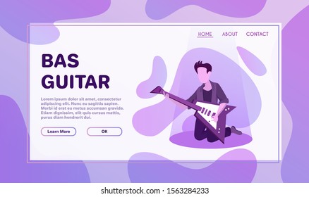 Rock band performance flat illustration. Rock-n-roll concert on music-hall stage. Male musical group members faceless cartoon characters. Retro music festival banner