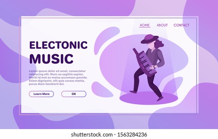Rock band performance flat illustration. Rock-n-roll concert on music-hall stage. Male musical group members faceless cartoon characters. Retro music festival banner