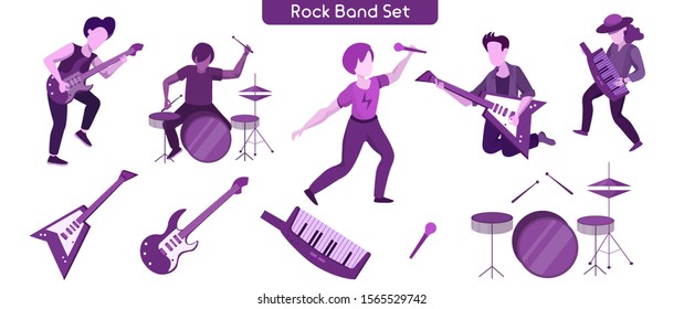 Rock band performance flat illustration. Rock-n-roll concert on music-hall stage. Male musical group members faceless cartoon characters. Retro music festival