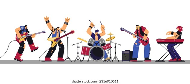 Rock band performing in concert or music festival, flat vector illustration isolated on white background. Guitarist, bassist, drummer and keyboardist performing on stage.