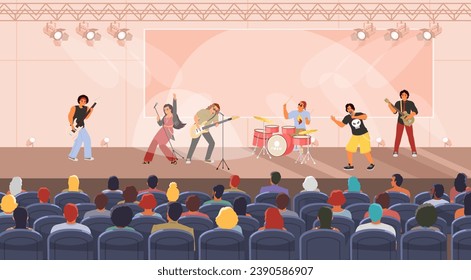 Rock band performing concert playing musical instrument and singing song in microphone on stage under spotlight scene lamp for audience vector illustration