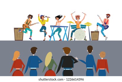 Rock band performing in front of the audience. Rock show and the crowd. Flat vector ilustration, horizontal.