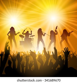 Rock band performing in front of a crowd. Vector illustration