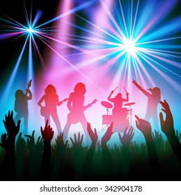 Rock band performing in front of a crowd. Vector illustration